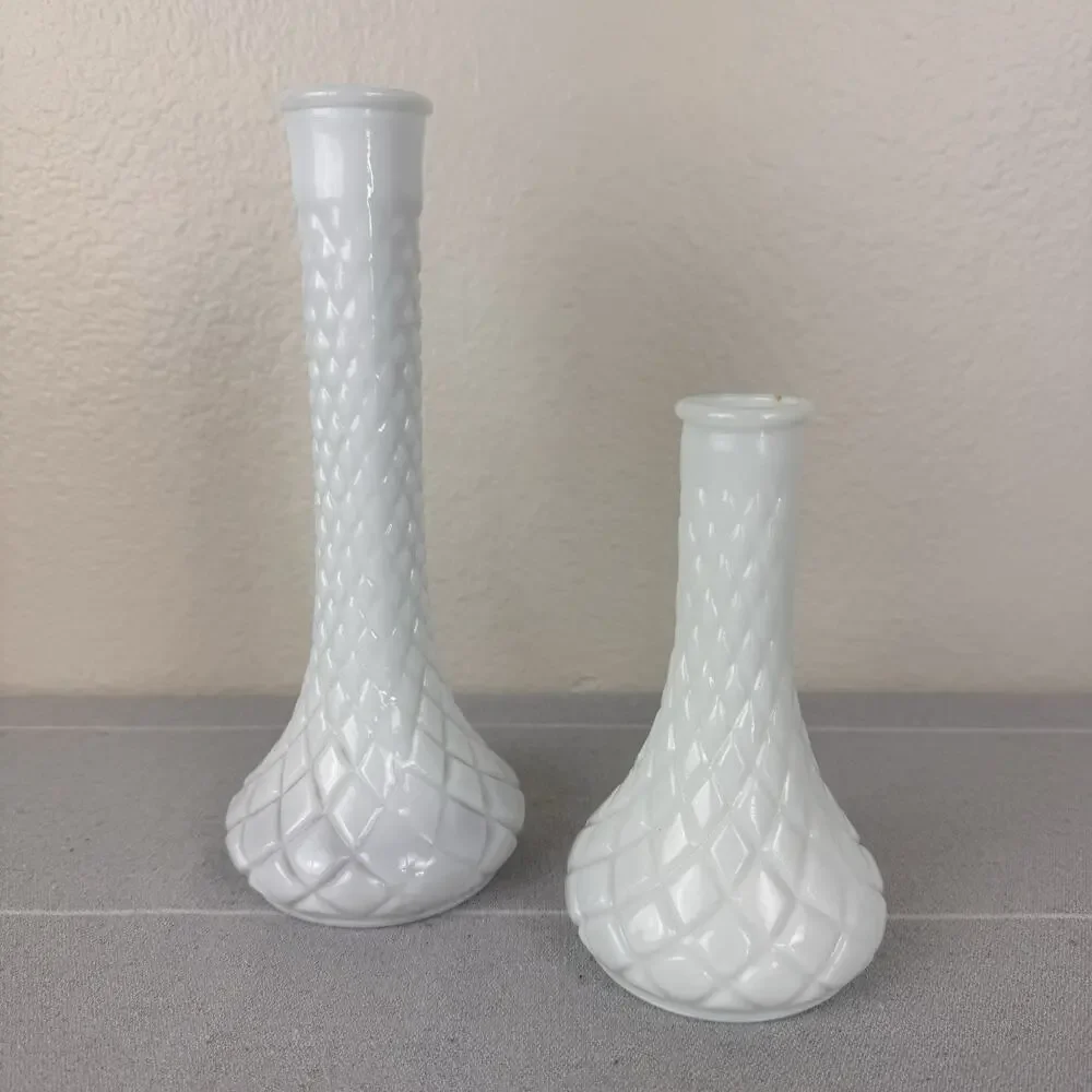 Vintage Hoosier Milk Glass Vase Set Of 2 Quilted Diamond White 6” 4062/9” 4092